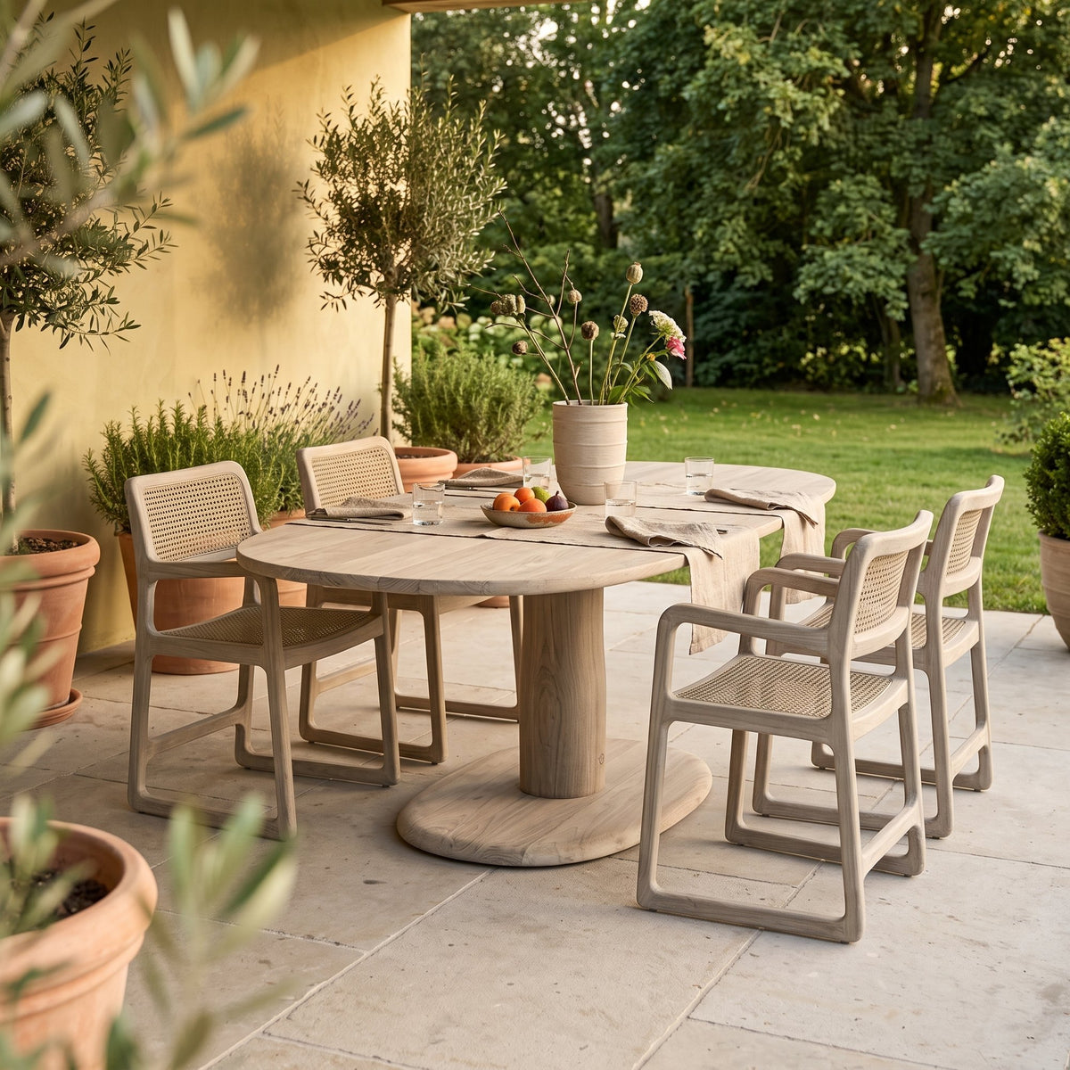 Esstisch Dita Rectoval Teak Natural Grey von Gommaire, Teak Natural Grey, 180 × 112,5 × H 76 cm, mit Armlehnstühlen Sally Open Weave und Vase Simon auf der Gartenterrasse