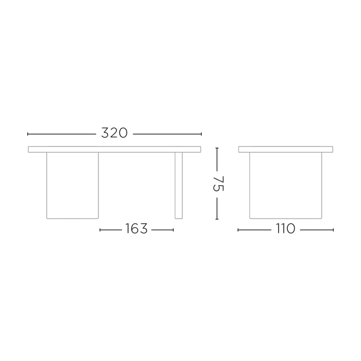 Maßzeichnung Esstisch Sylvia Eiche von Gommaire, L 320 × B 110 × H 76 cm