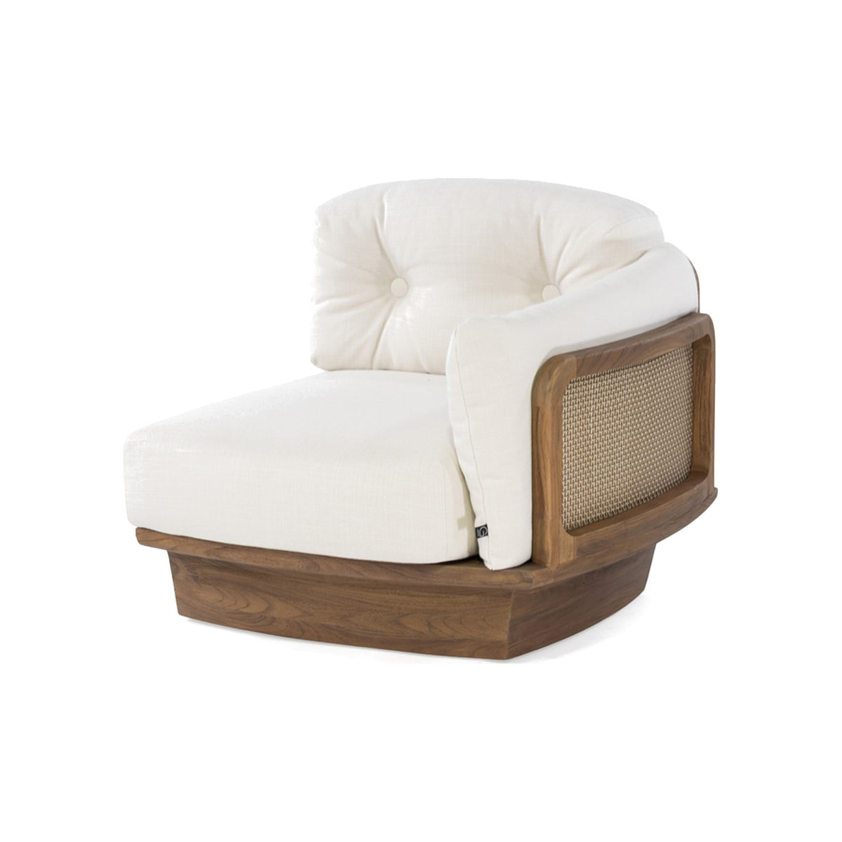 Modulsofa Boa Teak Emas Brown von Gommaire, Element links mit Polster im Beispielstoff, Teak Emas Brown und PE-Rattan Blend, B 85 × T 90 × H 65 cm
