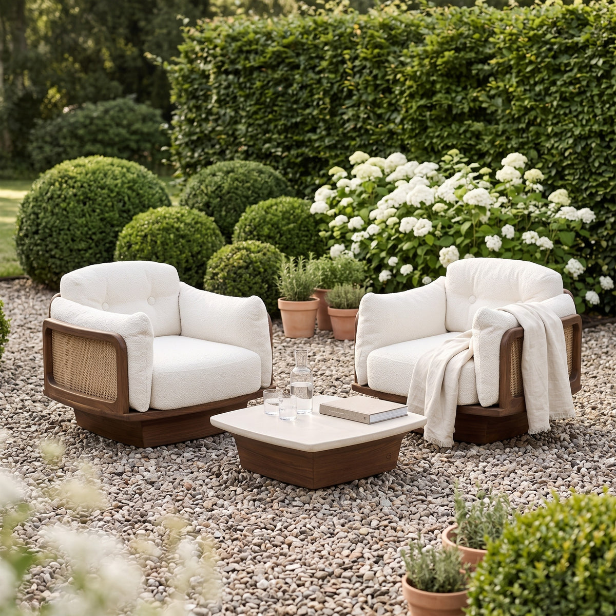 Modulsofa Boa Teak Emas Brown von Gommaire zwei 1-Sitzer als Sesselpaar mit Couchtisch Boa mit Betonplatte Small im Kiesgarten