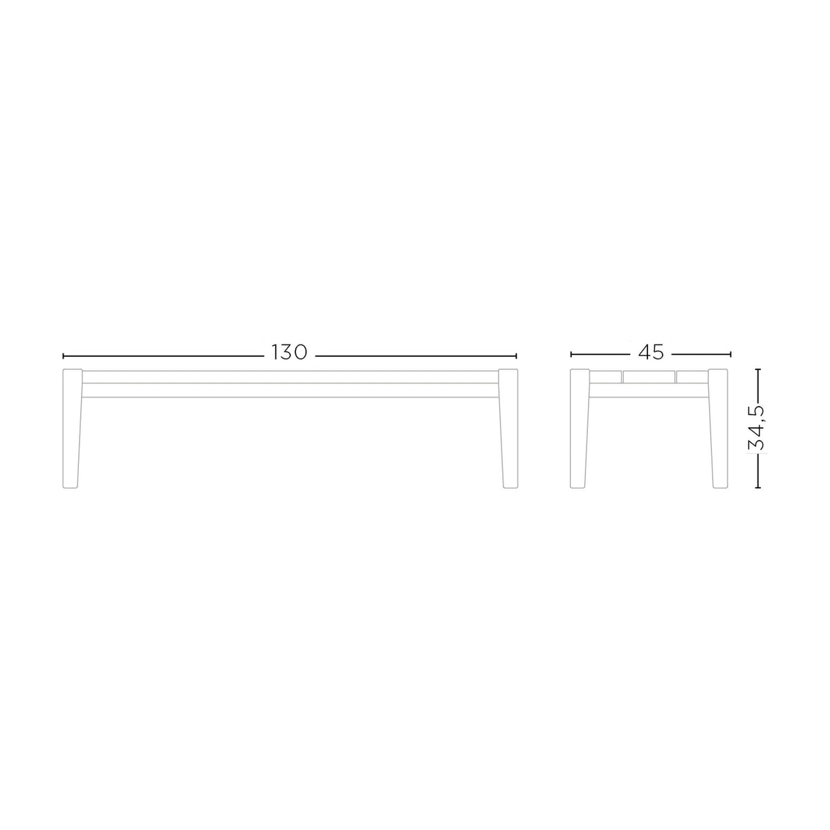 Maßzeichnung Outdoor Couchtisch Floor Small von Gommaire, L 130 × B 45 × H 34,5 cm
