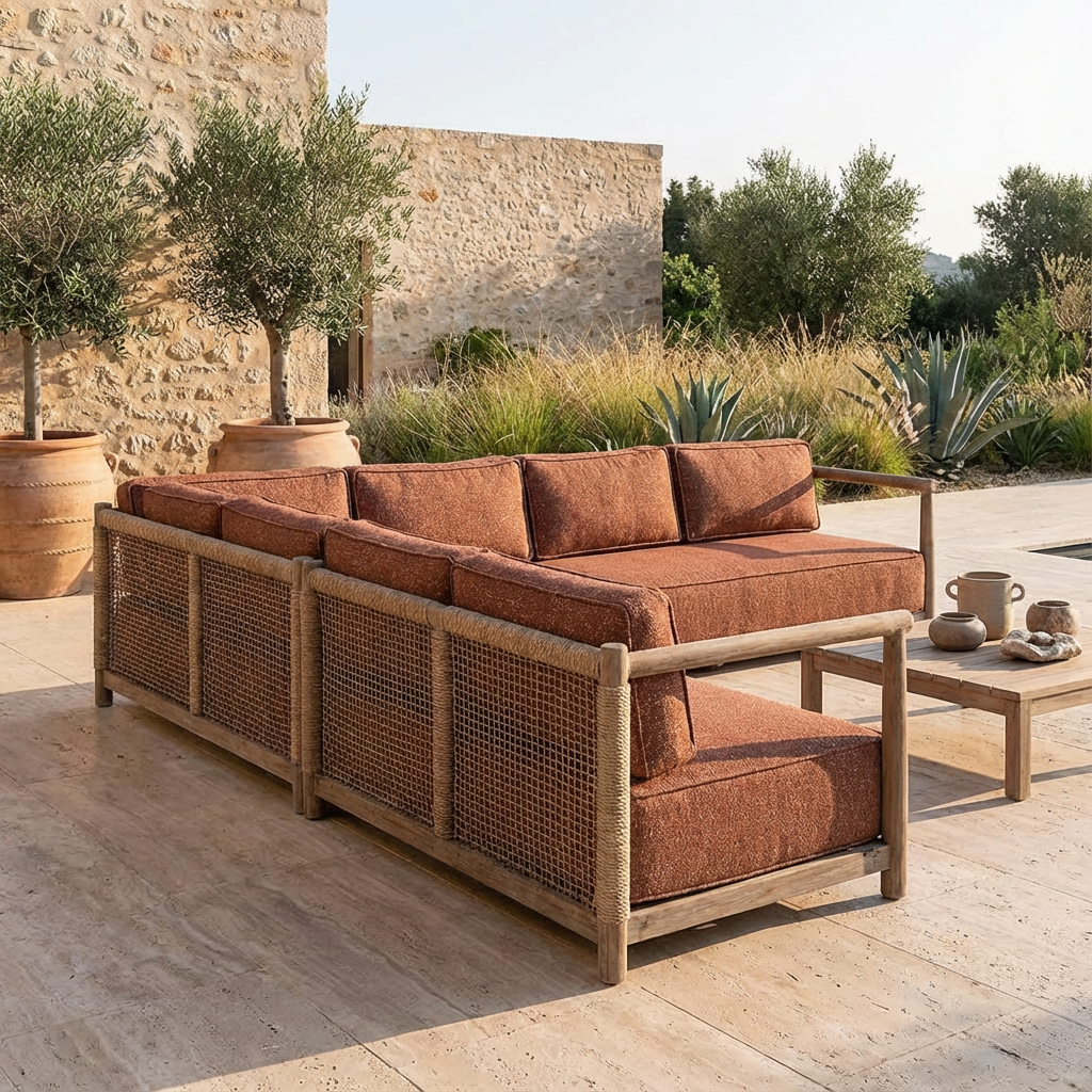 Gommaire Outdoor Ecksofa Mieke mit Ktextout Tessu 03 aus Teakholz Natural Grey mit PE-Wicker Sand bei STUFF Shop kaufen