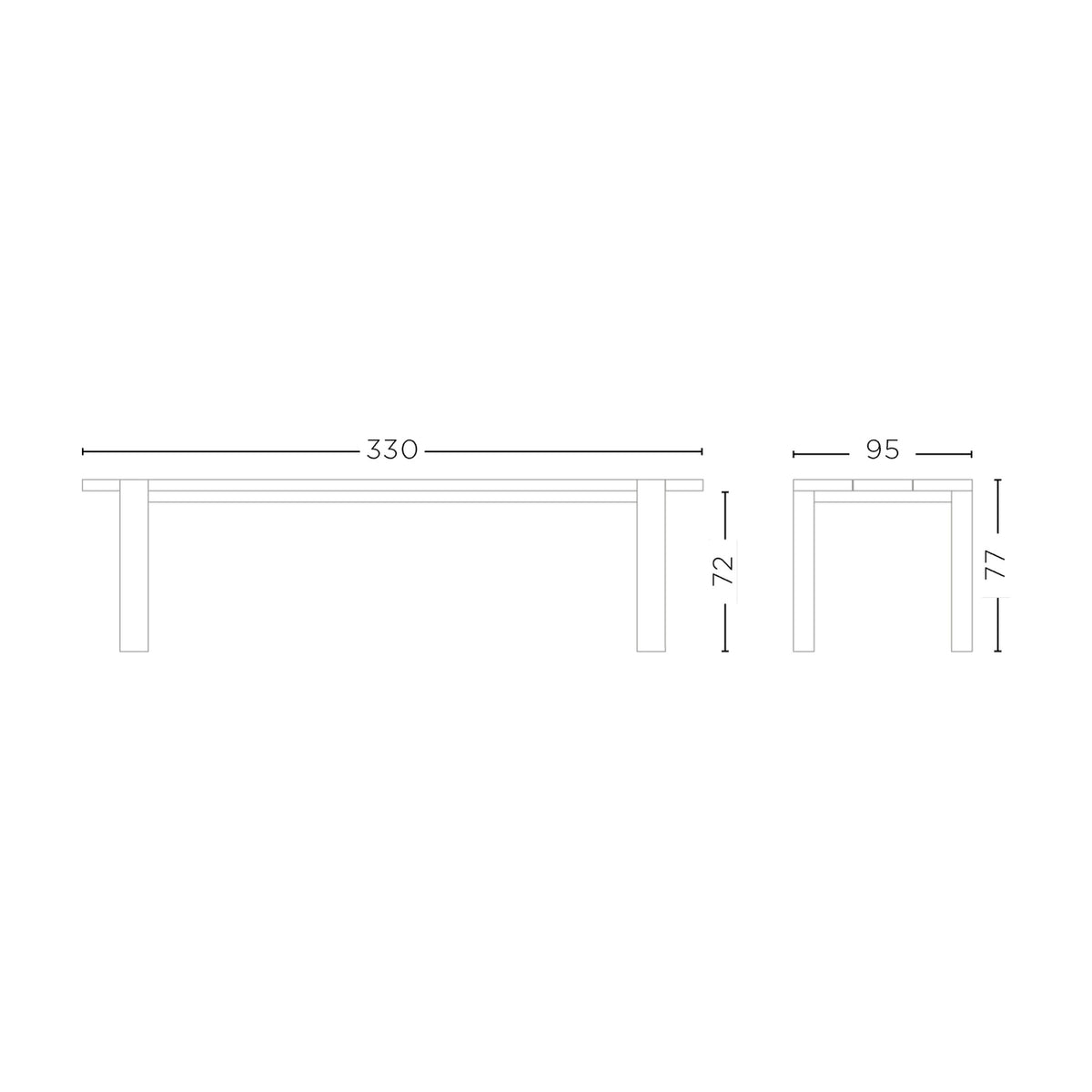 Maßzeichnung Outdoor Esstisch Maximus von Gommaire, L 330 × B 95 × H 76 cm
