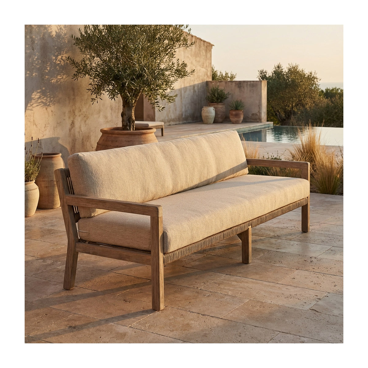 Passendes Möbel Sofa Mario Teak Natural Grey Rope 3-Sitzer von Gommaire, B 220 × T 77,5 × H 76 cm, Hülle nicht abgebildet