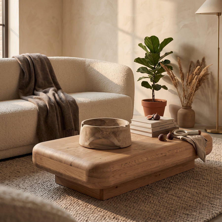 Schale Binta Teakwurzel Natural Grey von Gommaire, Teakwurzel Natural Grey, Ø 36,5 × H 15,6 cm, Interiorbild im Wohnzimmer mit Bouclé-Sofa, auf dem Couchtisch Rowan