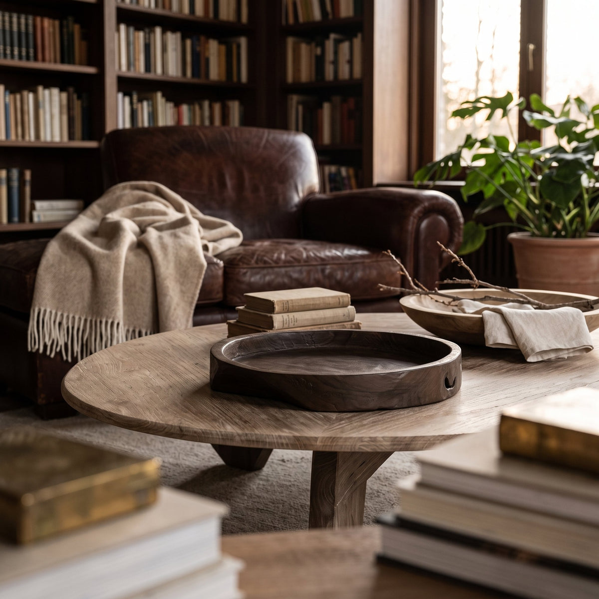 Schale Low Round Teak Emas Brown Medium von Gommaire, Teak Emas Brown, Ø 32 × H 5 cm, Nahaufnahme in der Bibliothek, auf dem Couchtisch Day