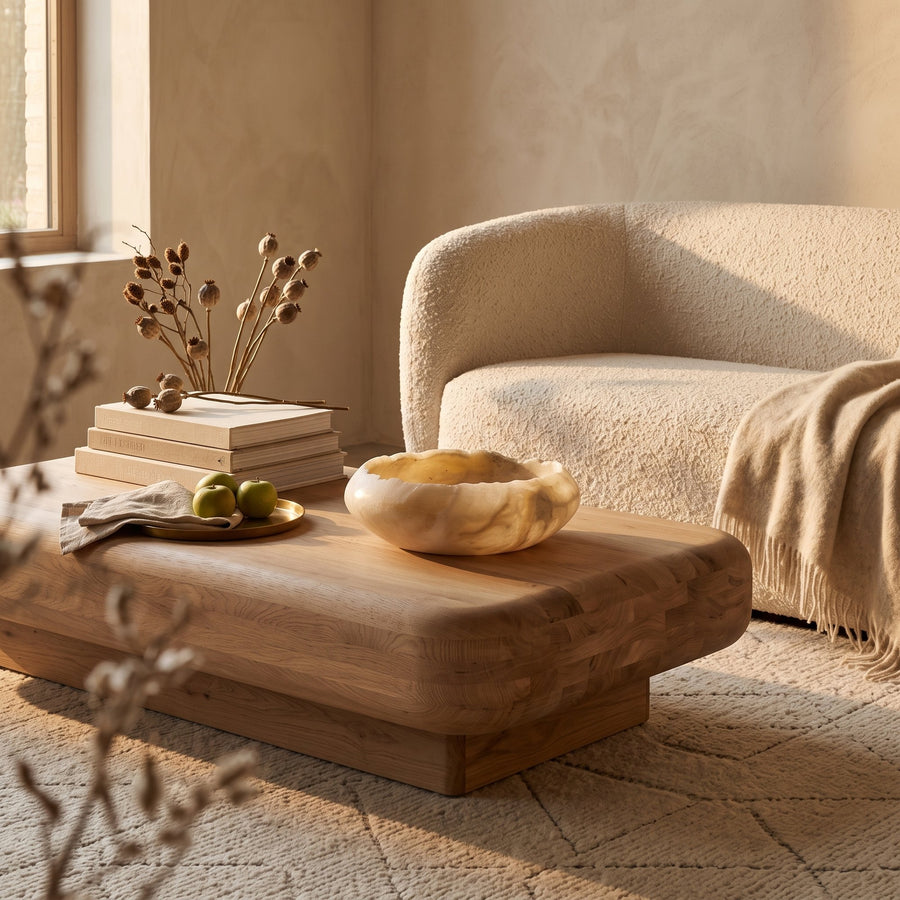 Schale Nova Onyx Large von Gommaire, Onyx, Ø 35 × H 11,5 cm, Interiorbild im Wohnzimmer mit Bouclé-Sofa, auf dem Couchtisch Rowan