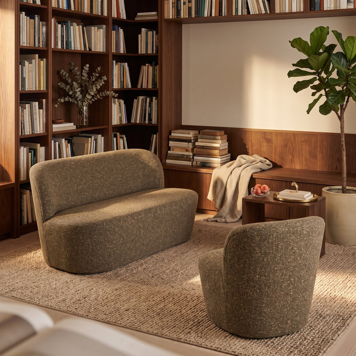 Sofa Julian Braun von Gommaire, Polsterstoff, braun meliert, Gommaire-Stoff GOM004, L 133 × T 75 × H 67,5 cm, Interiorbild in der Bibliothek, neben dem Clubsessel Julian