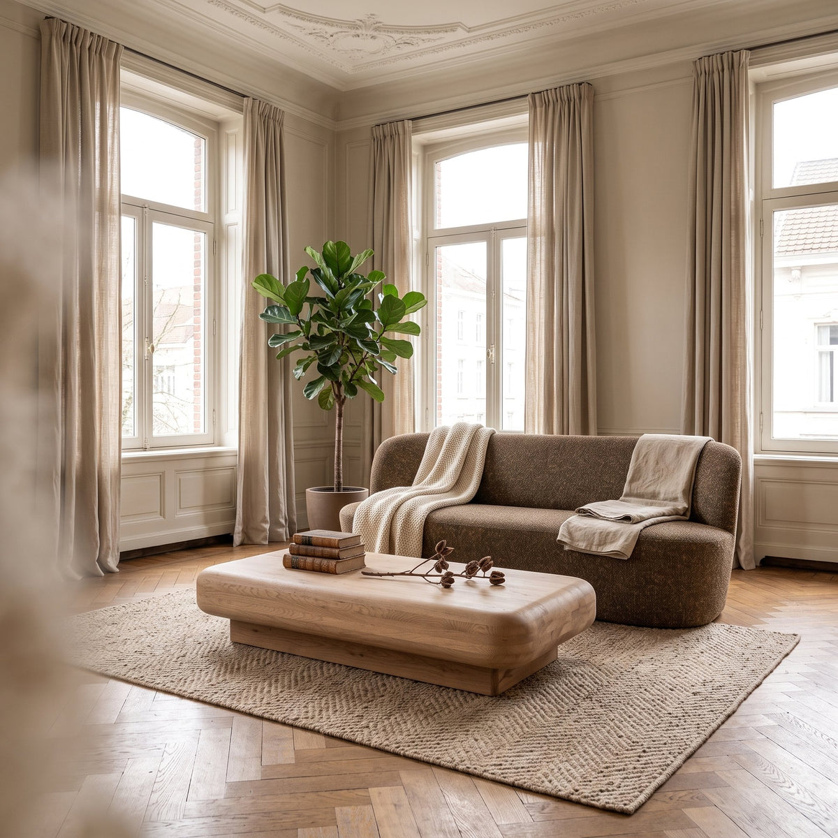 Sofa Julian Braun von Gommaire, Polsterstoff, braun meliert, Gommaire-Stoff GOM004, L 133 × T 75 × H 67,5 cm, Interiorbild im Altbau-Wohnzimmer, auf dem Couchtisch Rowan