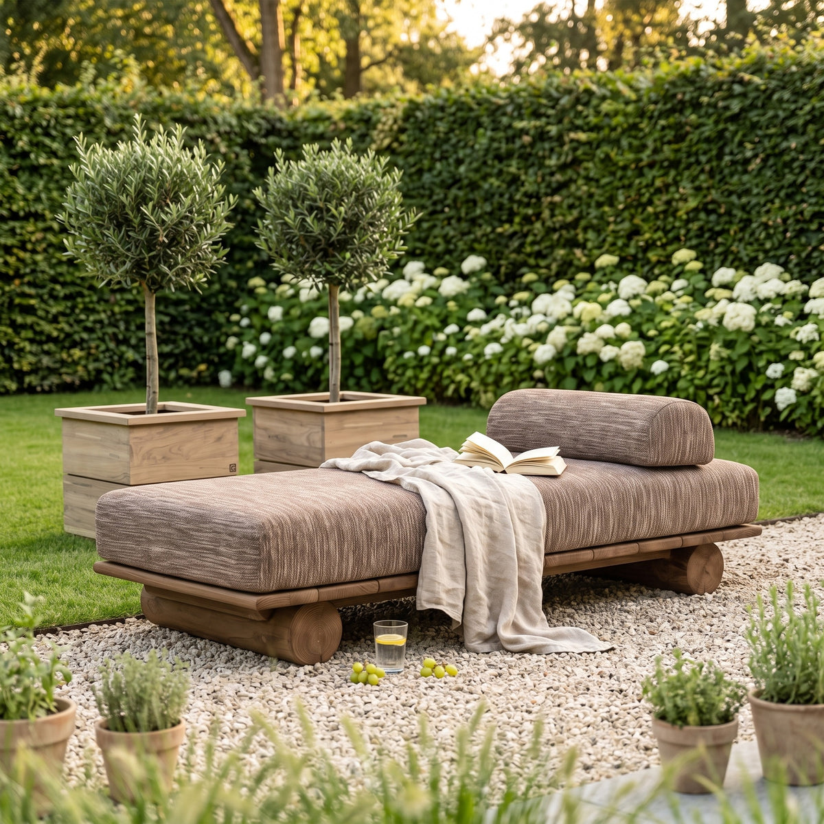 Sonnenliege Edge Teak Emas Brown von Gommaire mit Pflanzkübel Ferdy im Garten