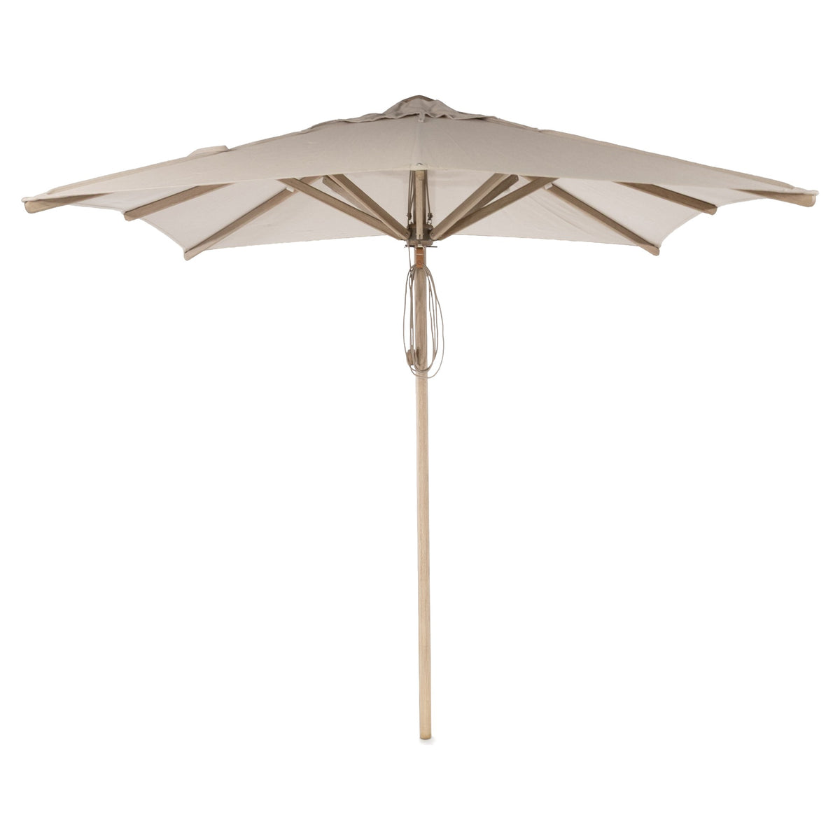 Sonnenschirm Solaya Eukalyptus Natural Grey Brushed Oak Medium von Gommaire, Eukalyptus Natural Grey, Bezug Sunbrella Brushed Oak, 225 × 225 cm, H 248 cm, Freisteller
