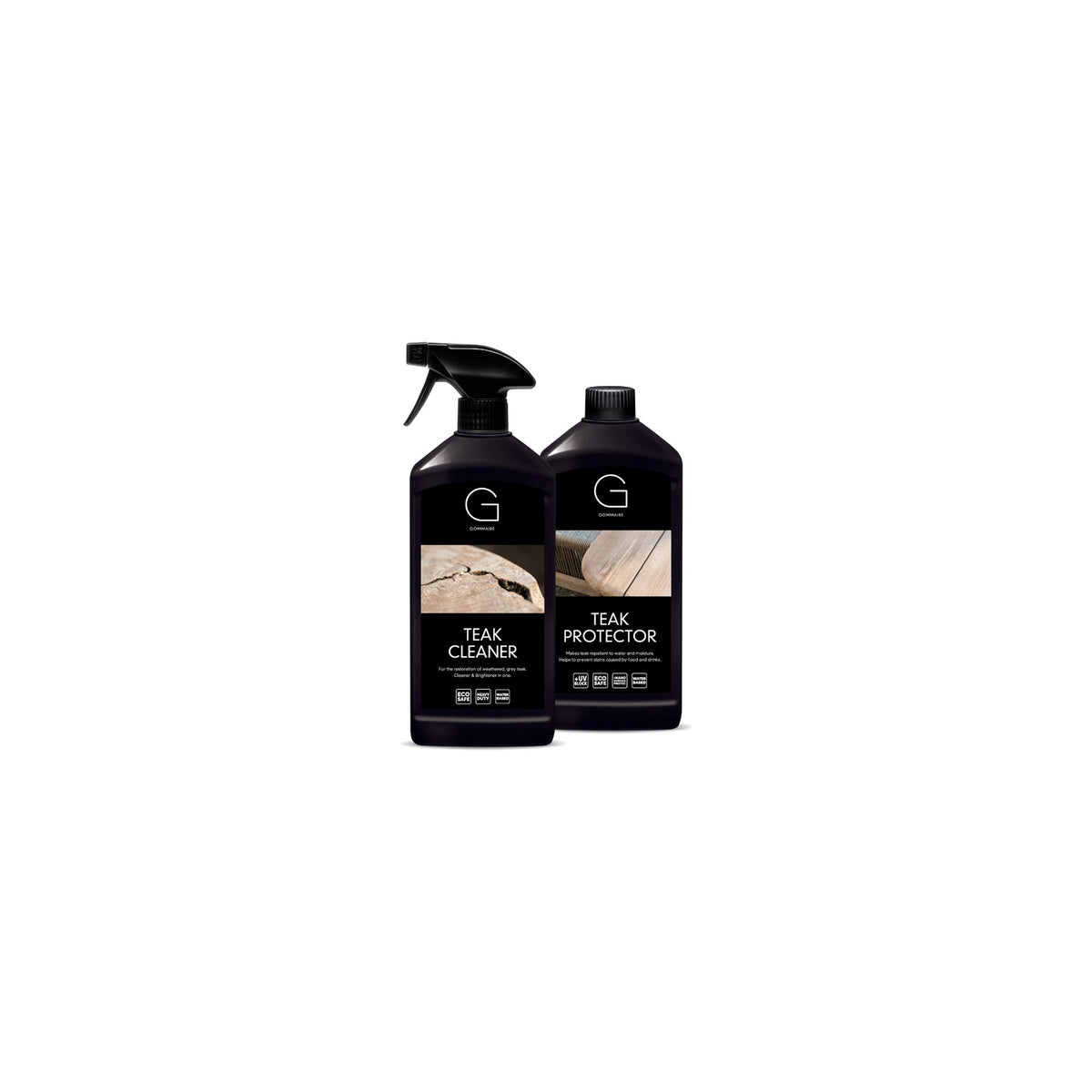 Teak Pflegeset Starterkit Natural Grey von Gommaire, Teak Cleaner und Teak Protector, je 1 Liter, 2 × 1 Liter, Freisteller