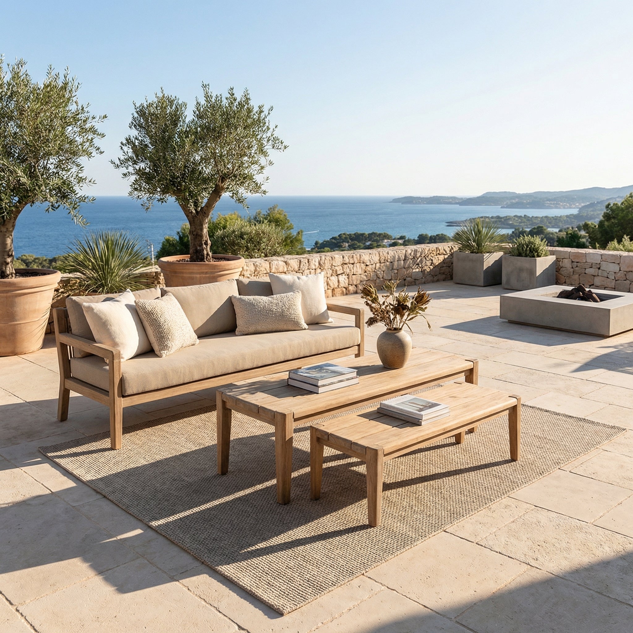 Outdoor Couchtisch Floor Small aus recyceltem Teakholz in Natural Grey 130x45 cm von Gommaire | STUFF Shop