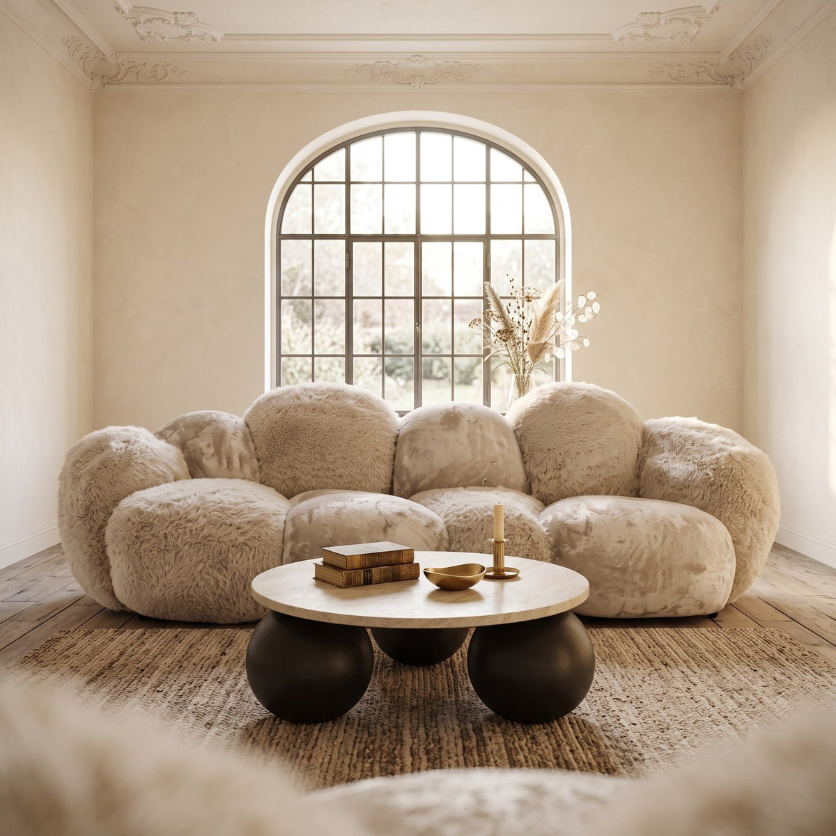 Curvae Sofa Lush von PTMD in Beige, 233 × 109 cm, im Altbau-Salon