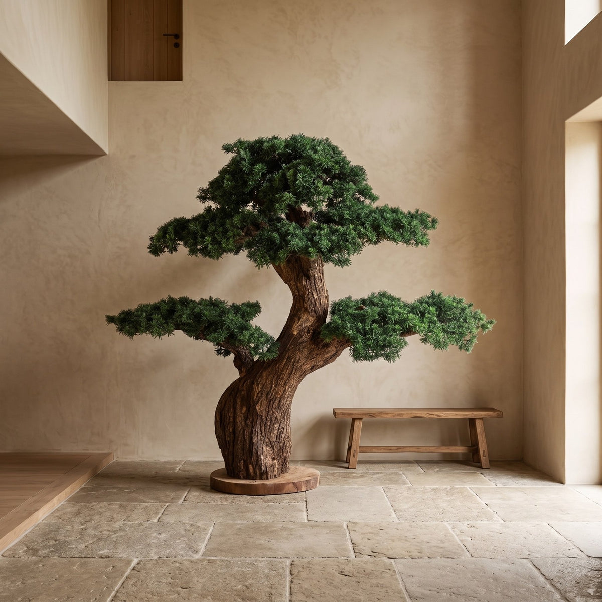 Künstliche Bonsai-Kiefer XL mit echtem Holzstamm im Wohnraum