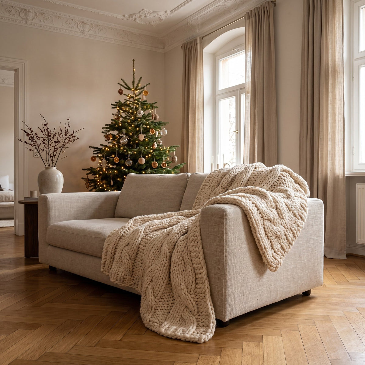 Plaid Rama Creme aus Wolle auf dem Sofa