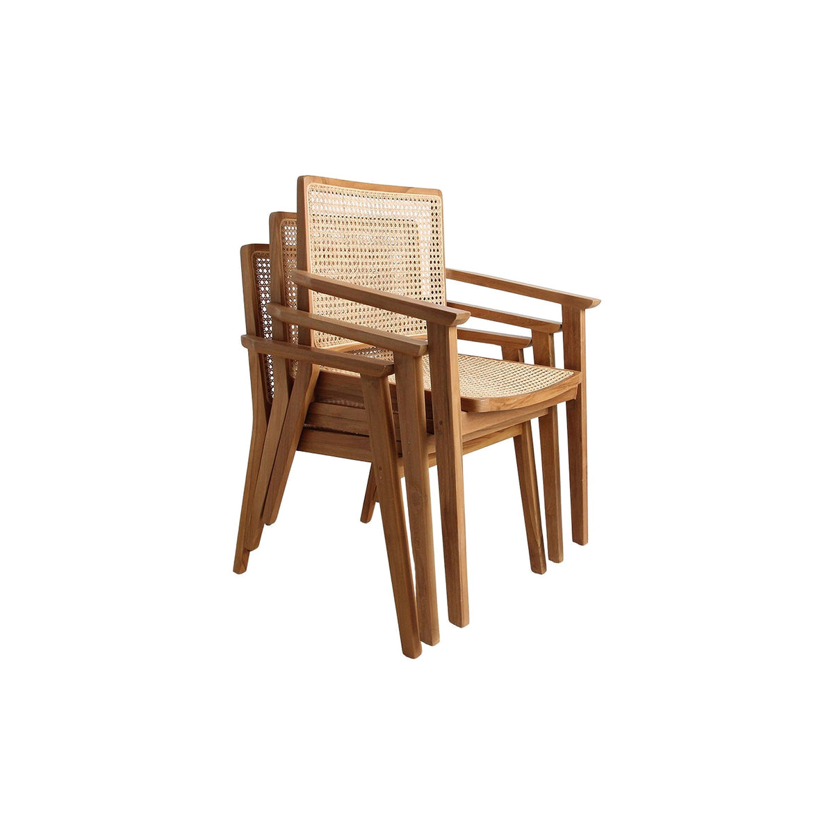 Armlehnenstuhl Heritage Cane natur von STUFF Loft, Teak und Wiener Geflecht, 57 x 61 x 83 cm, drei Stühle gestapelt