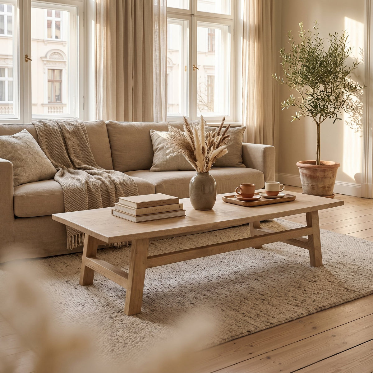 Couchtisch Driftwood rechteckig aus hellem Mangoholz, 140 x 60 cm | Interiorbild Wohnzimmer | STUFF Loft