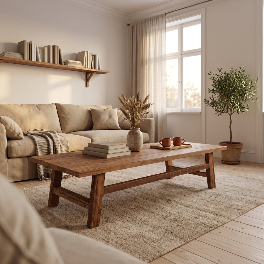 Couchtisch Grainwood rechteckig aus recyceltem Altholz, 140 x 60 cm | Interiorbild Wohnzimmer | STUFF Loft