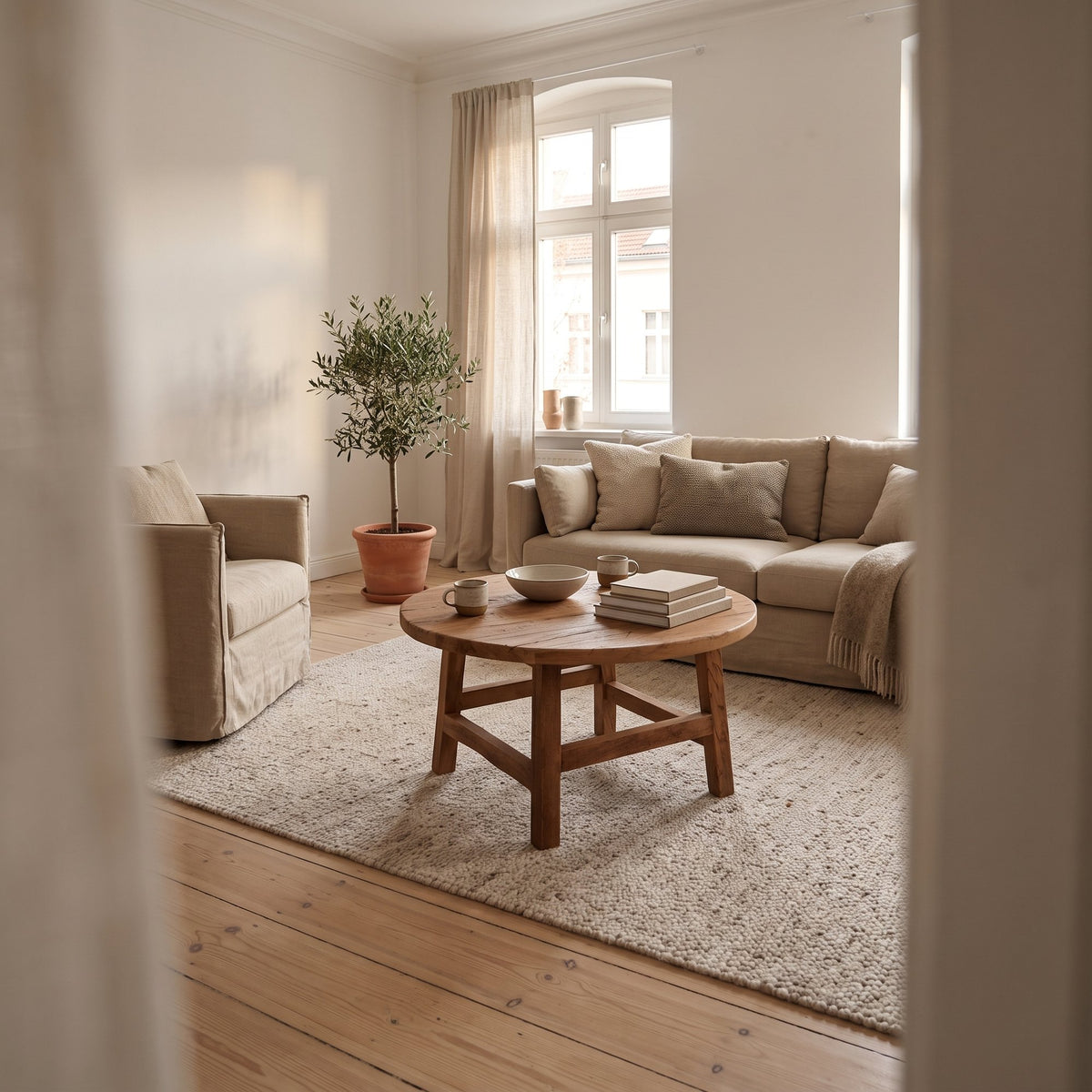 Couchtisch Grainwood rund aus recyceltem Altholz, Ø 70 cm | Interiorbild Wohnzimmer | STUFF Loft