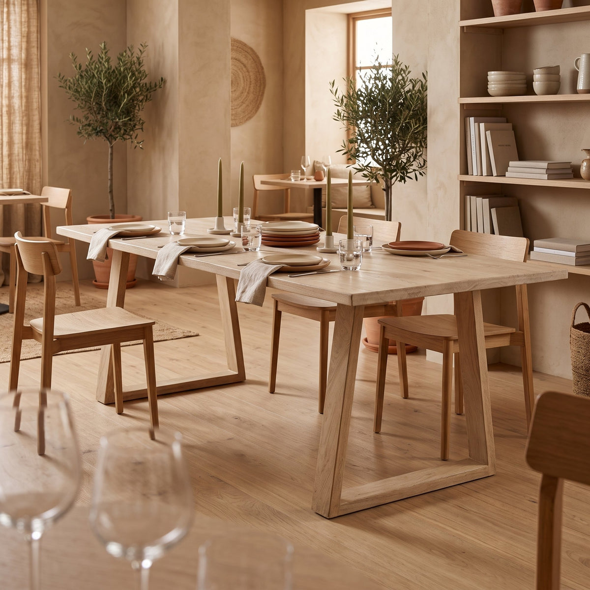 Esstisch Driftwood aus hellem Mangoholz mit Trapezbeinen | Interiorbild Gastronomie | STUFF Loft