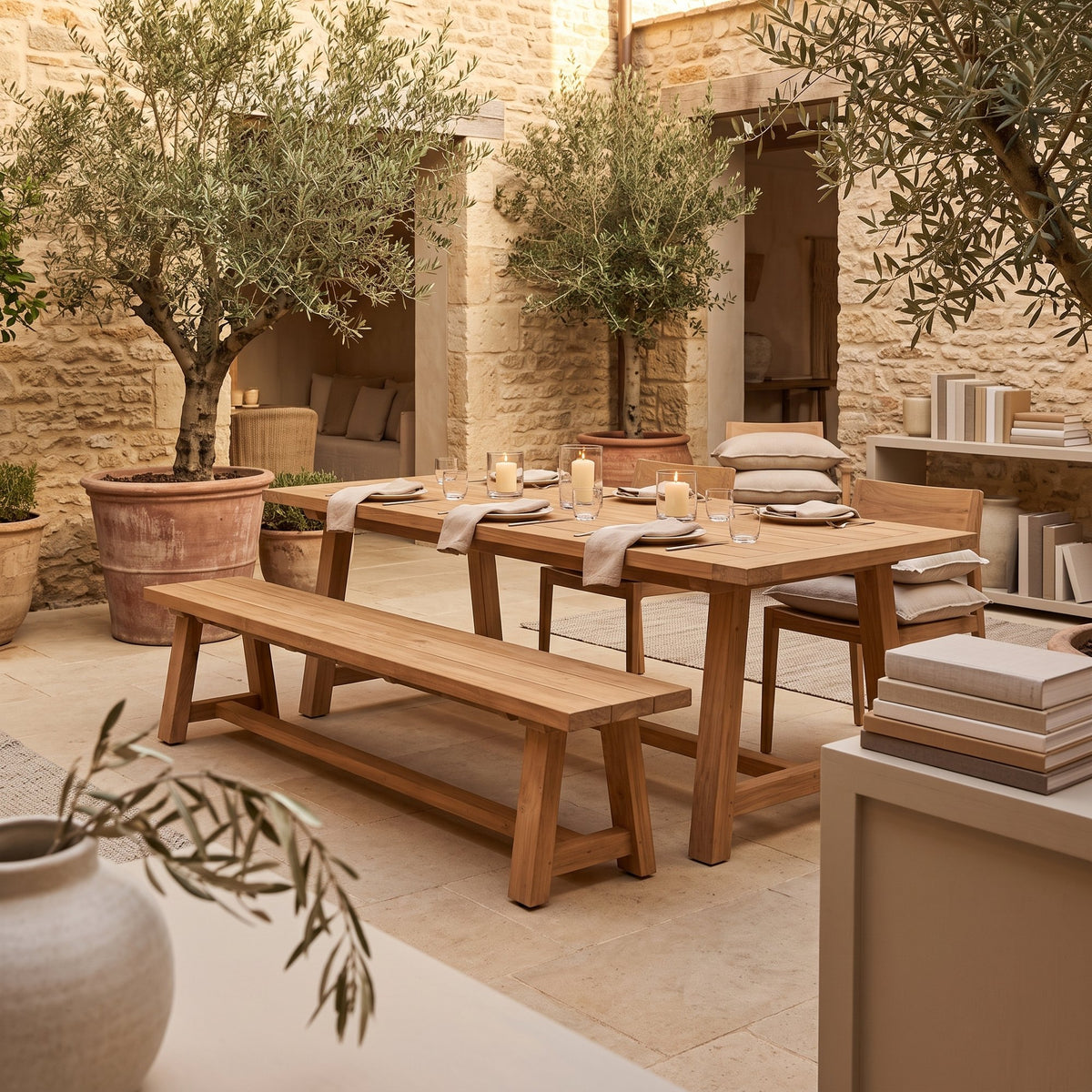 Gartenbank Teakscape aus Teakholz mit Bockbeinen | Ambientebild Gastronomie | STUFF Loft