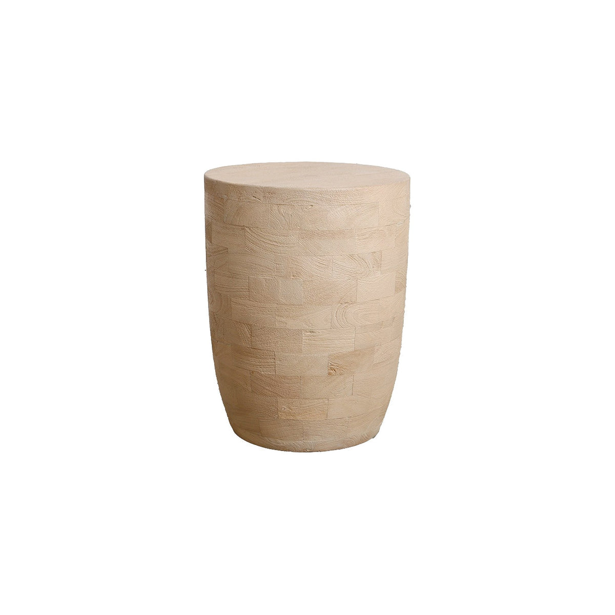 Hocker Driftwood Fassform aus hellem Mangoholz, 35 x 45 cm | Freisteller | STUFF Loft