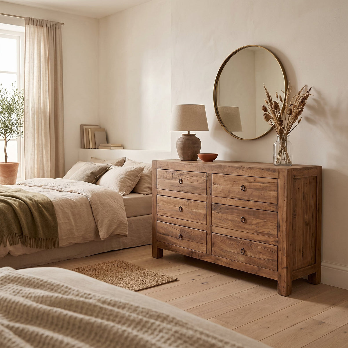 Kommode Grainwood aus recyceltem Altholz mit 6 Schubladen, 140 cm | Interiorbild Schlafzimmer | STUFF Loft