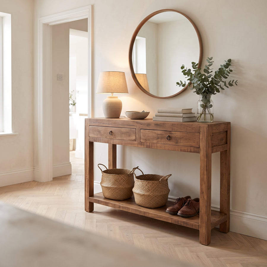 Konsolentisch Grainwood aus recyceltem Altholz mit 2 Schubladen, 120 cm | Interiorbild Flur | STUFF Loft