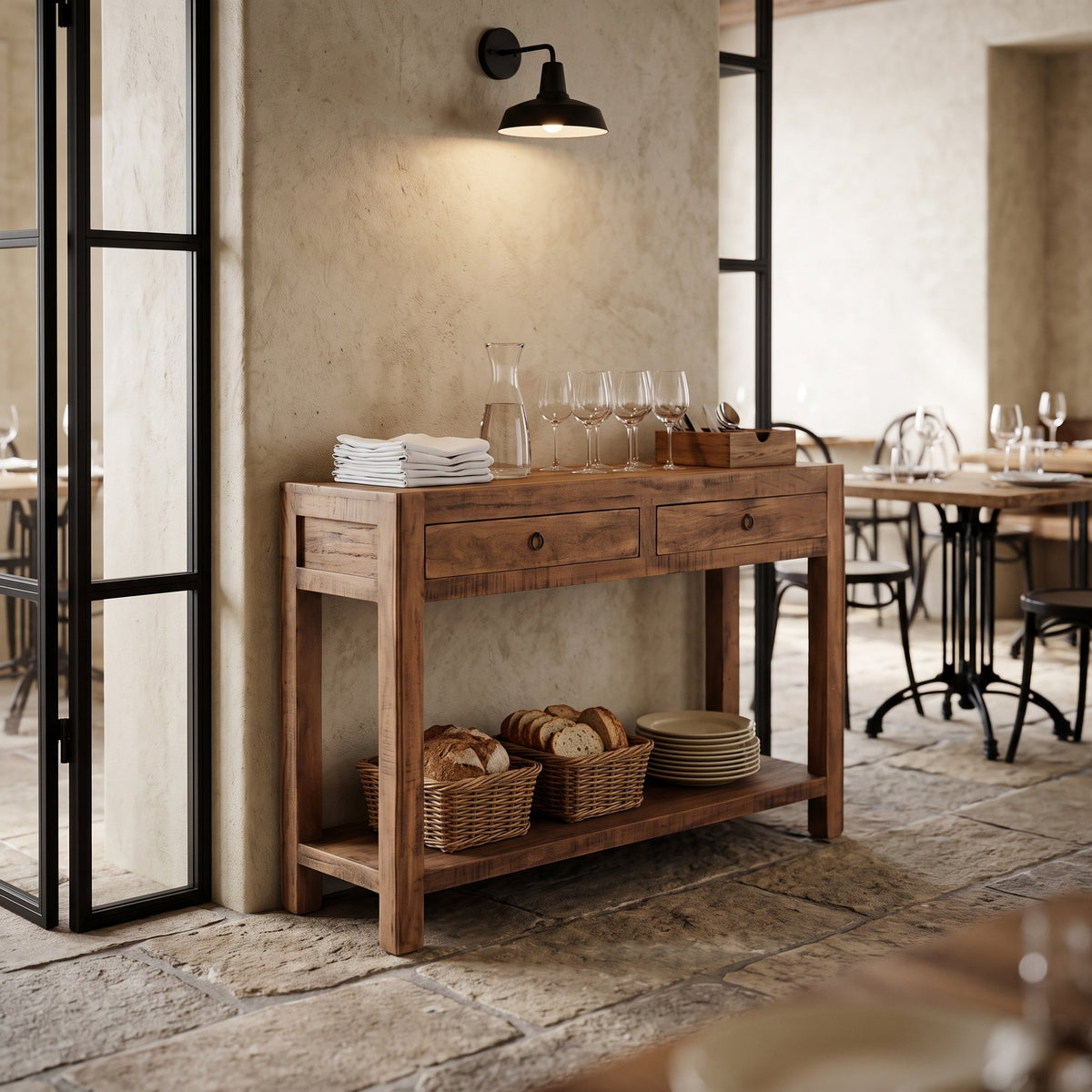 Konsolentisch Grainwood aus recyceltem Altholz mit 2 Schubladen, 120 cm | Einsatz in der Gastronomie | STUFF Loft