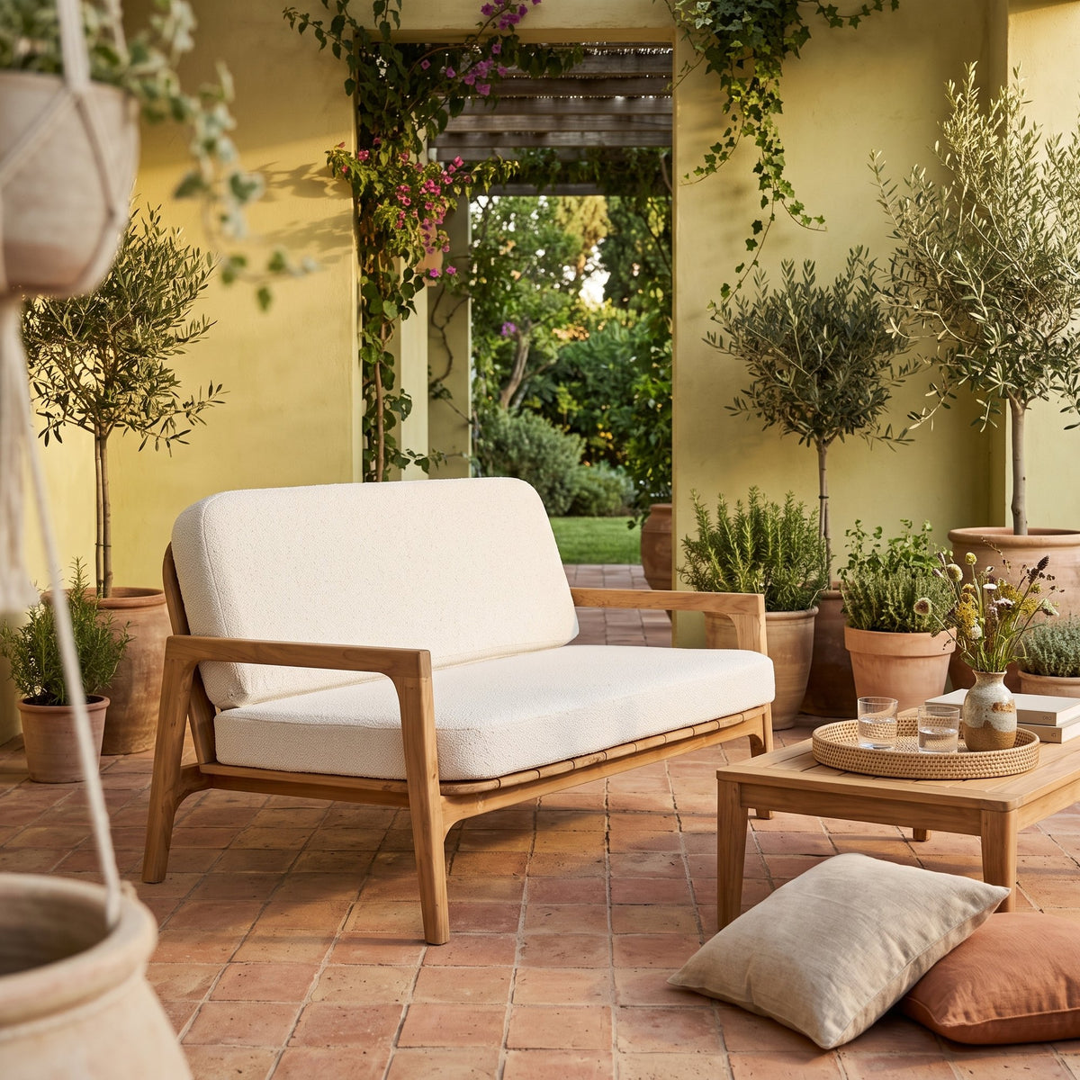Lounge-Sofa Teakscape 2-Sitzer aus Teakholz mit naturweißen Kissen | Ambientebild Terrasse | STUFF Loft