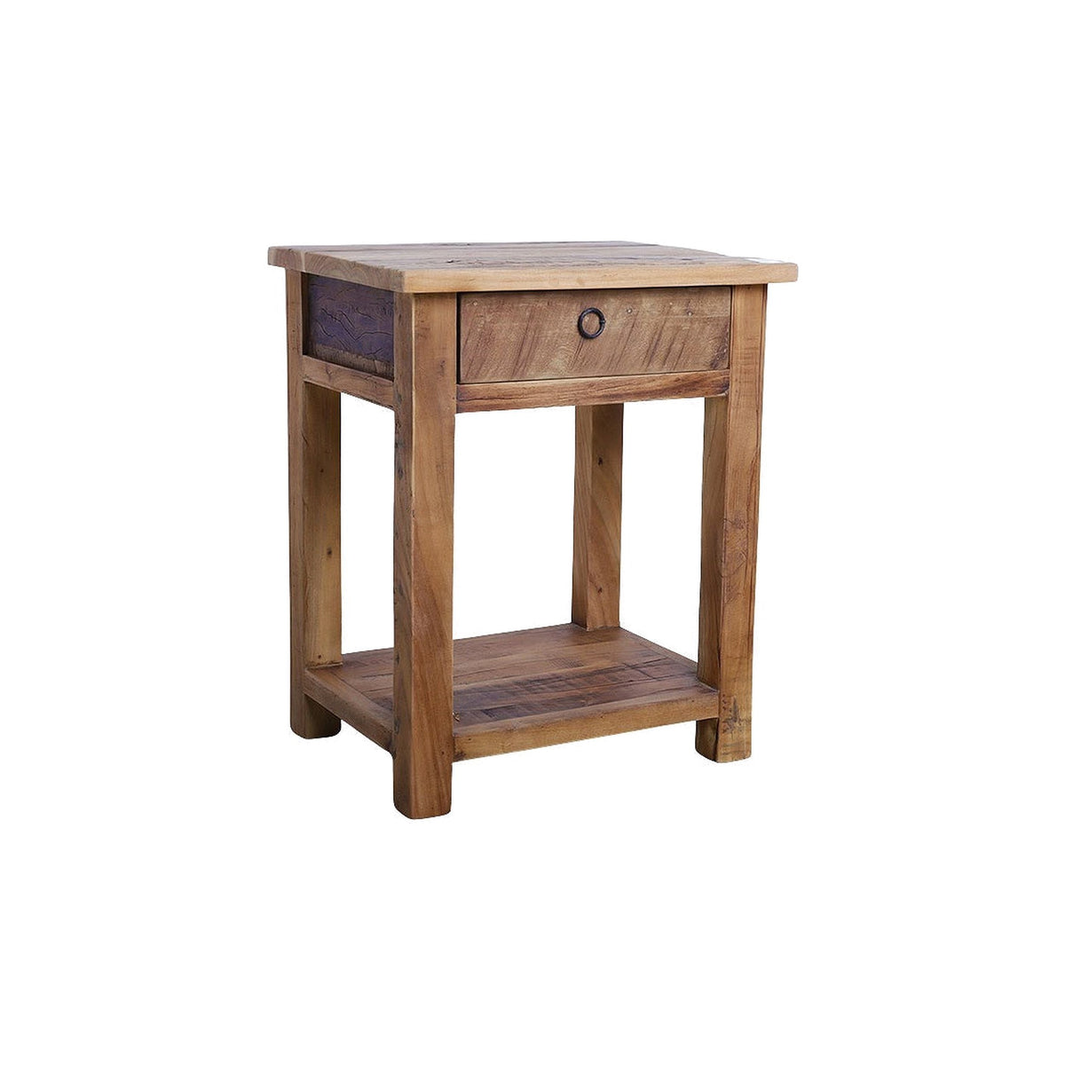 Nachttisch Grainwood aus recyceltem Altholz mit Schublade und Ablage | Freisteller | STUFF Loft