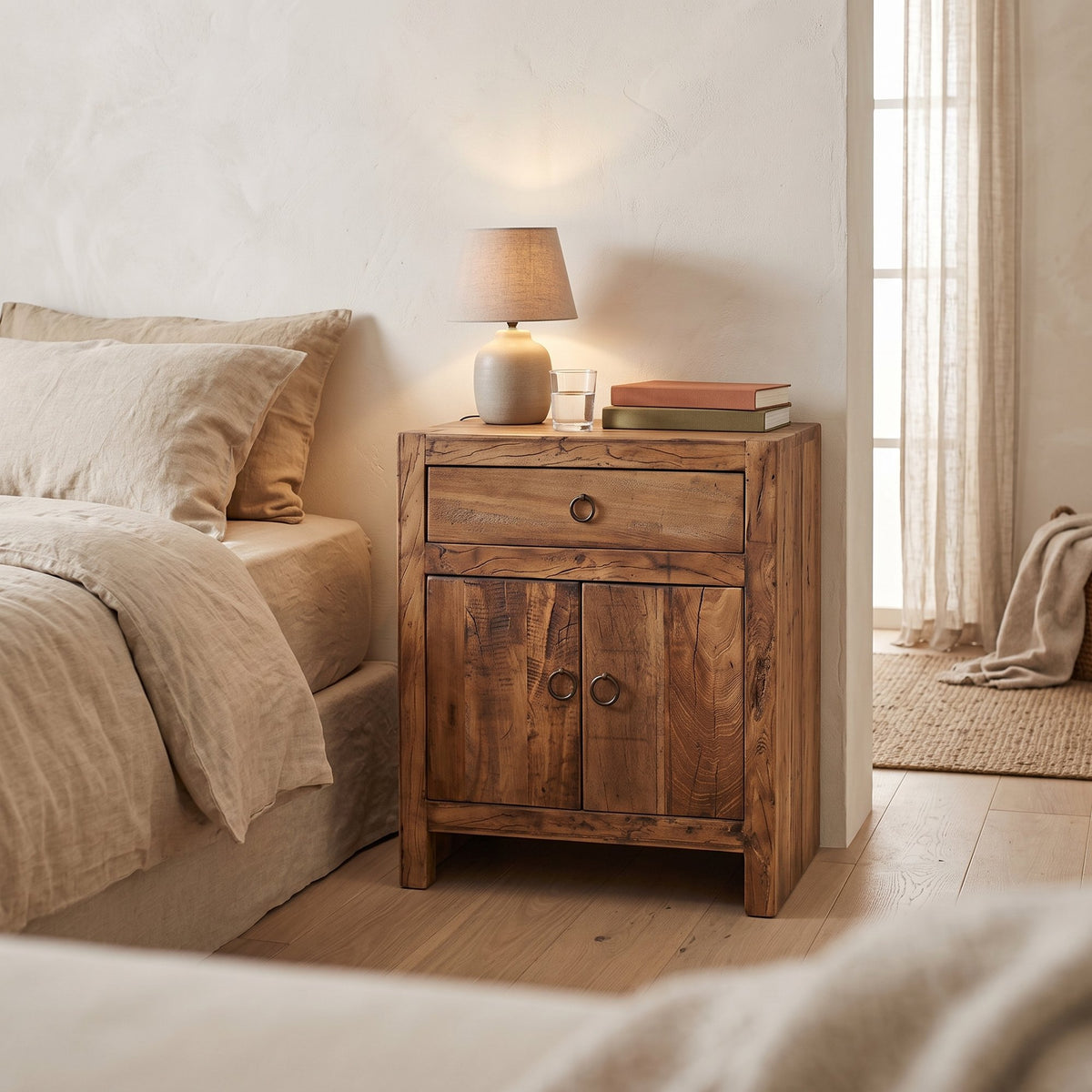 Nachttisch Grainwood aus recyceltem Altholz mit Schublade und 2 Türen | Interiorbild Schlafzimmer | STUFF Loft