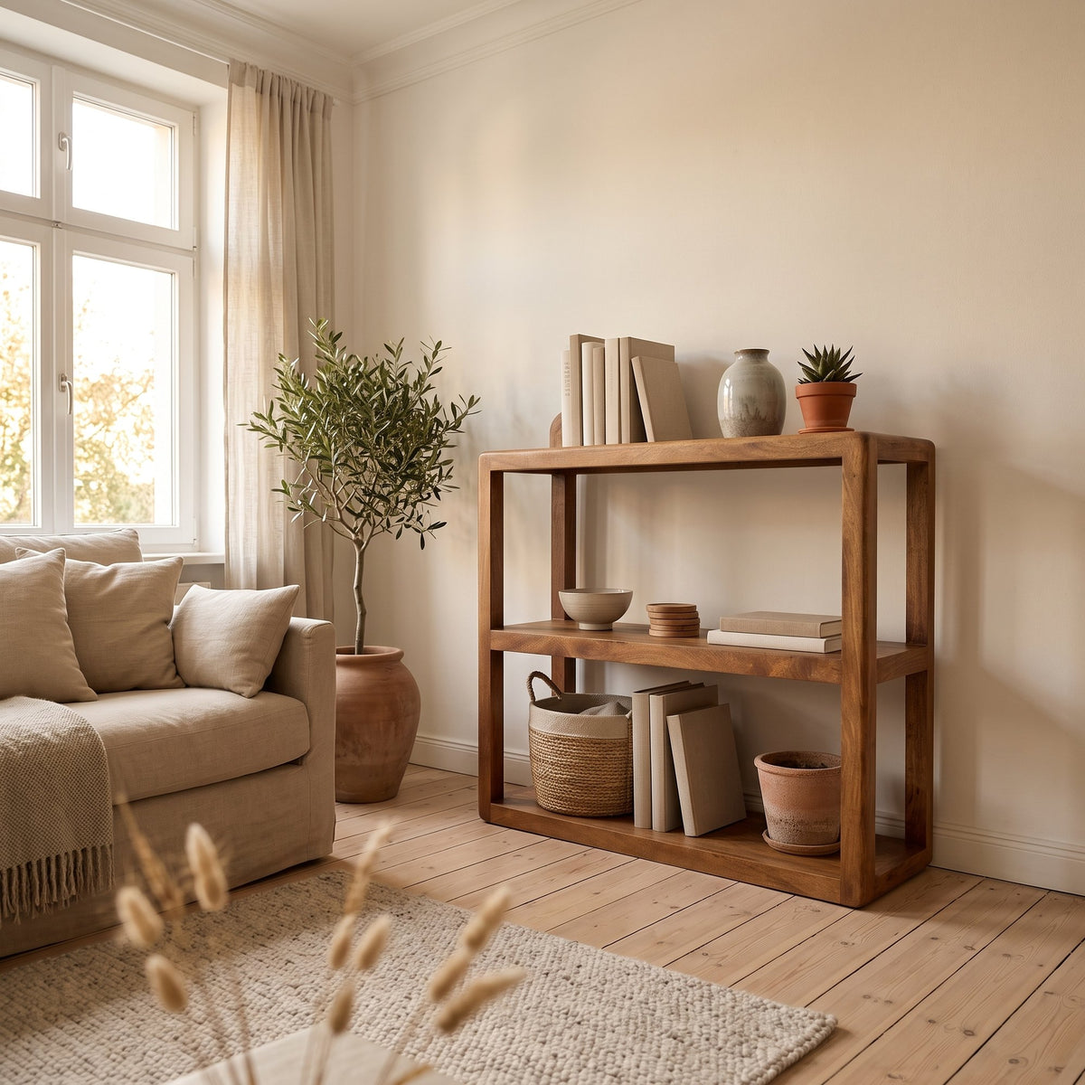 Regal Curvo niedrig aus Mangoholz mit 2 Fächern, 100 x 90 cm | Interiorbild Wohnzimmer | STUFF Loft