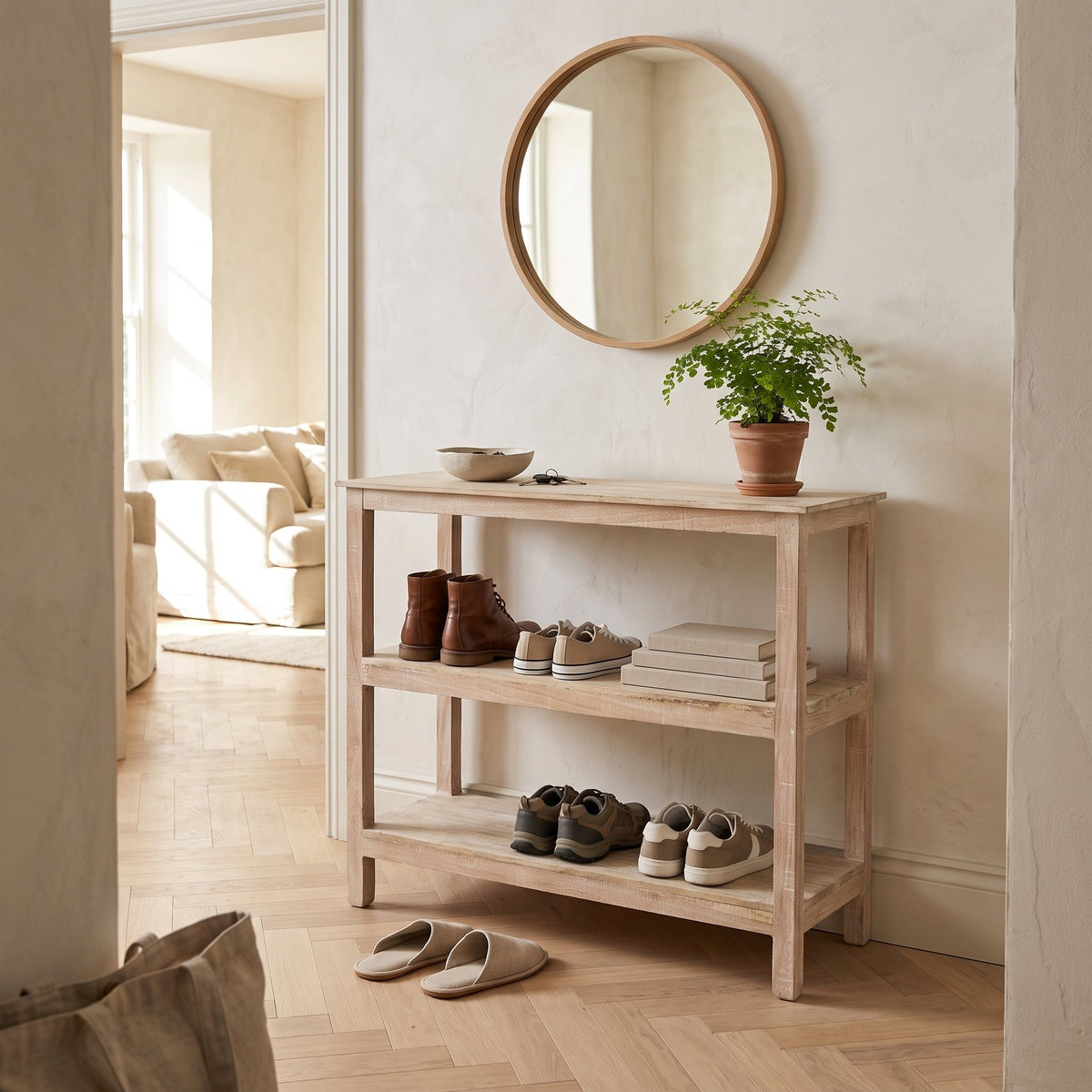 Schuhregal Calcina aus gekalktem Altholz, 90 cm | Interiorbild Flur | STUFF Loft