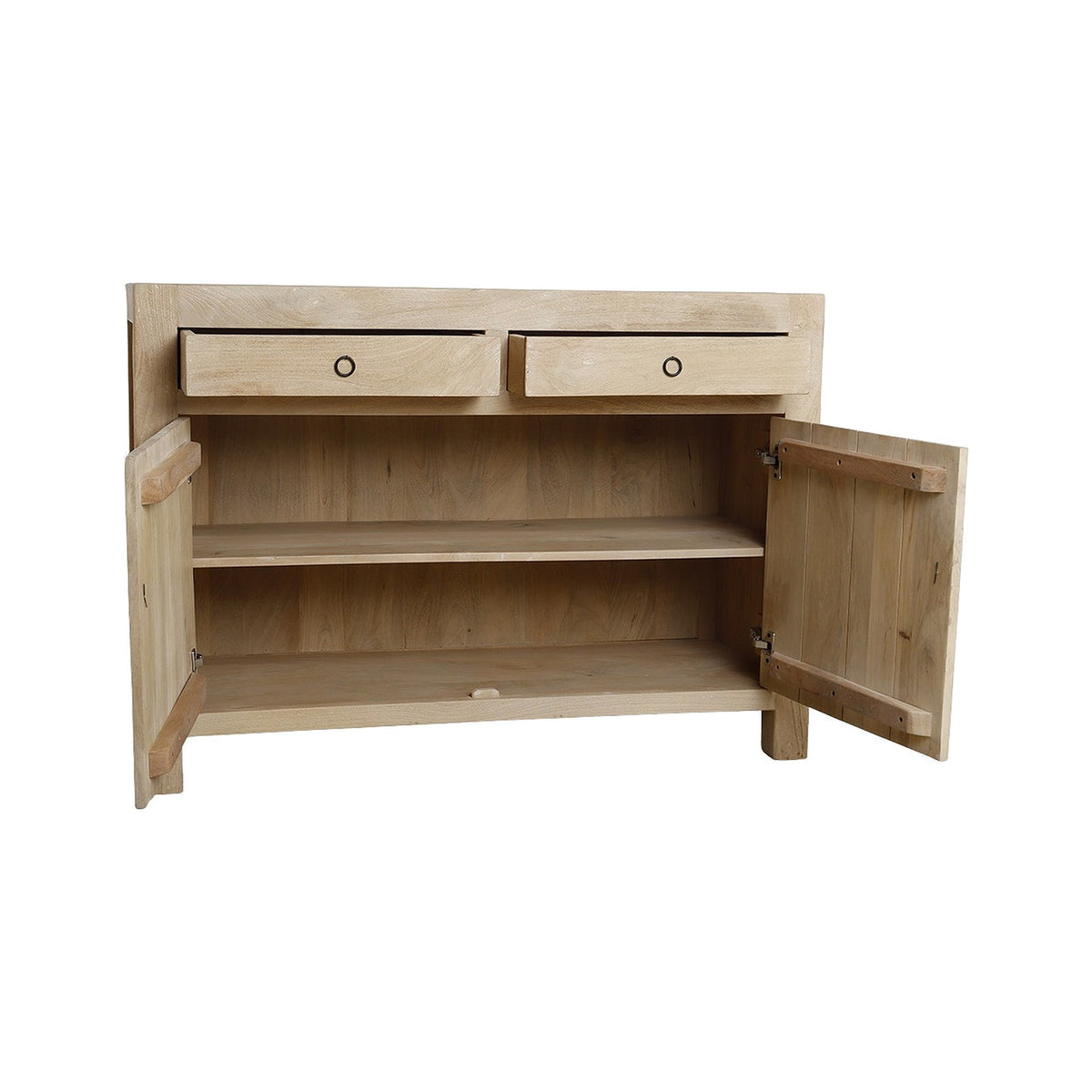 Sideboard Driftwood aus hellem Mangoholz mit 2 Türen und 2 Schubladen, 120 cm | Freisteller | STUFF Loft