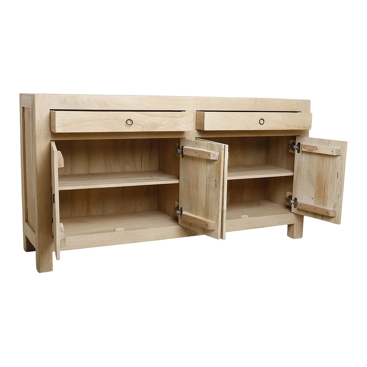 Sideboard Driftwood aus hellem Mangoholz mit 4 Türen und 2 Schubladen, 160 cm | Freisteller | STUFF Loft