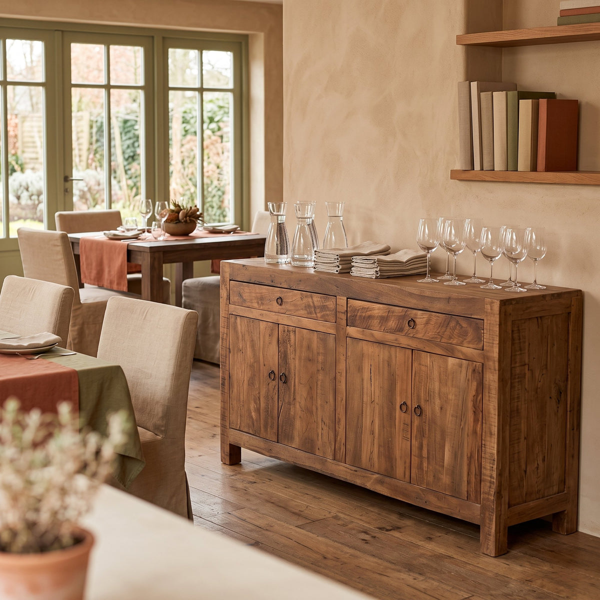 Sideboard Grainwood aus recyceltem Altholz mit 4 Türen und 2 Schubladen, 160 cm | Interiorbild Gastronomie | STUFF Loft