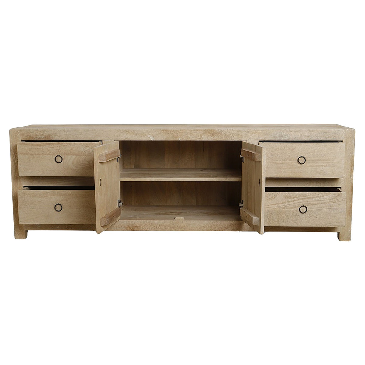 TV-Board Driftwood aus hellem Mangoholz mit 4 Schubladen und 2 Türen, 180 cm | Freisteller | STUFF Loft