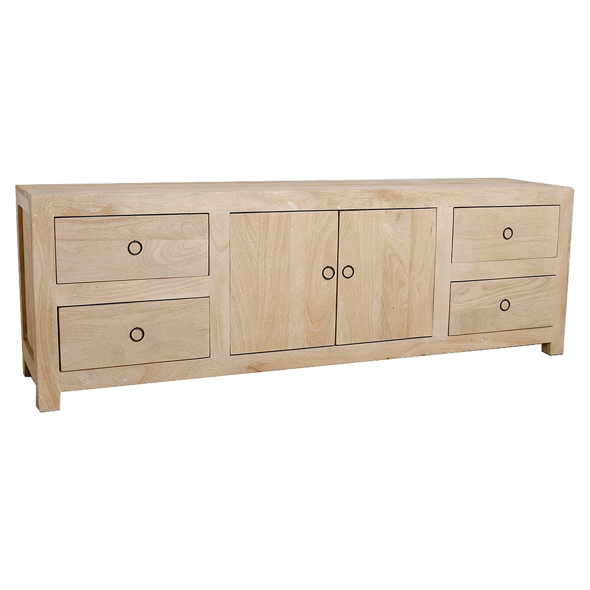 TV-Board Driftwood aus hellem Mangoholz mit 4 Schubladen und 2 Türen, 180 cm | Freisteller | STUFF Loft