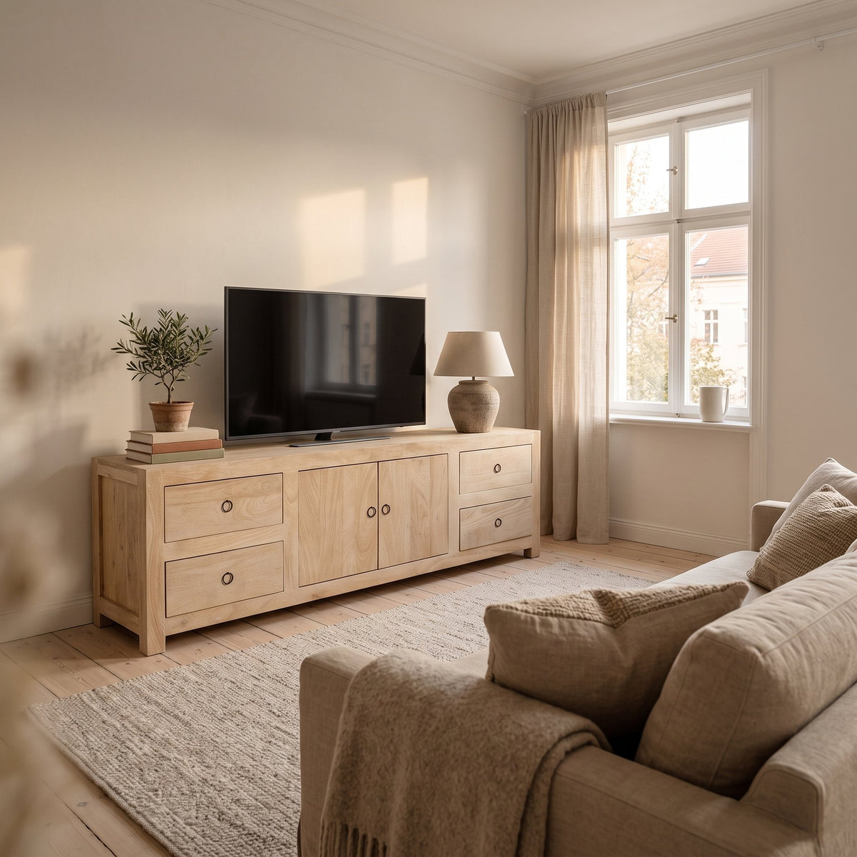 TV-Board Driftwood aus hellem Mangoholz mit 4 Schubladen und 2 Türen, 180 cm | Interiorbild Wohnzimmer | STUFF Loft
