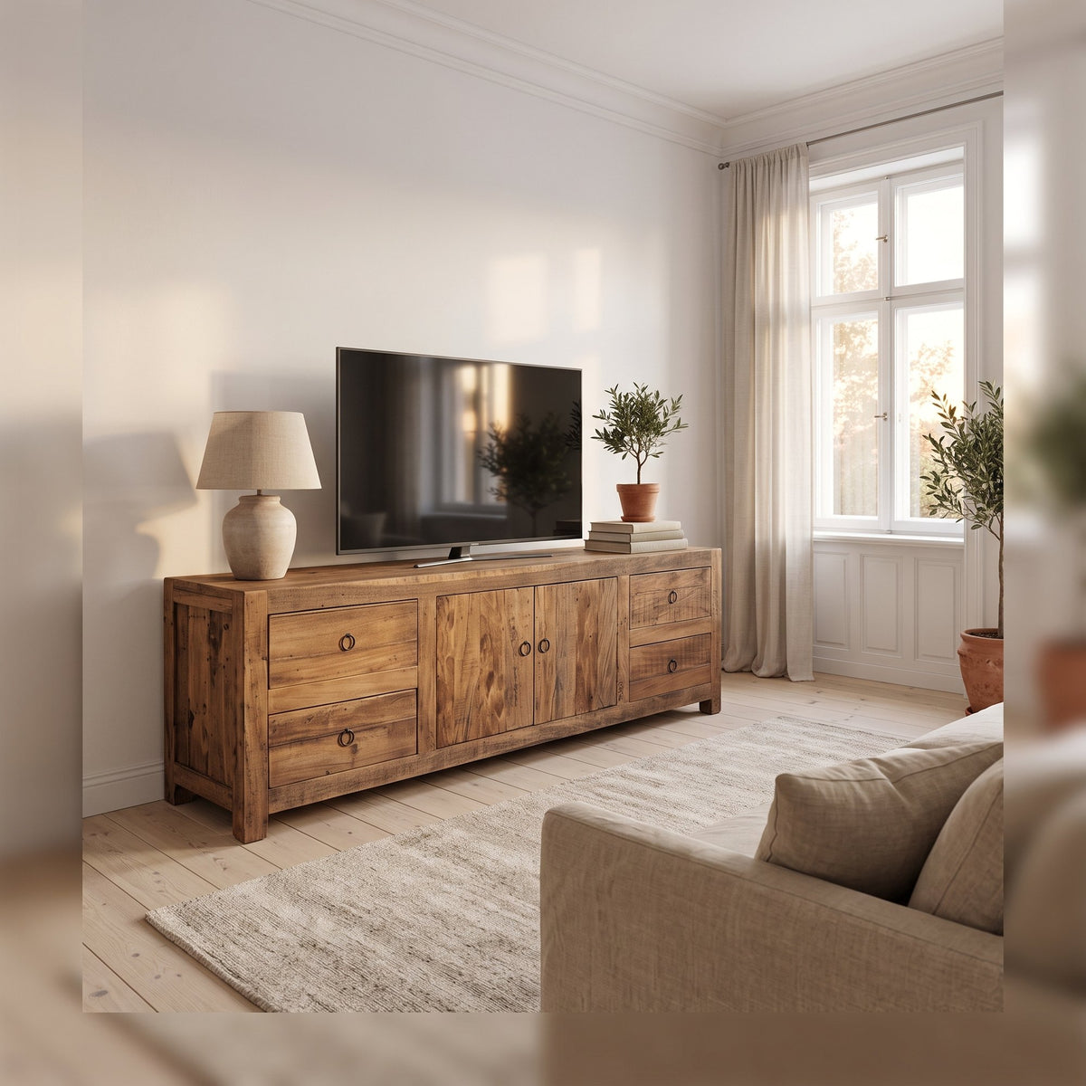TV-Board Grainwood aus recyceltem Altholz mit 4 Schubladen und 2 Türen, 180 cm | Interiorbild Wohnzimmer | STUFF Loft