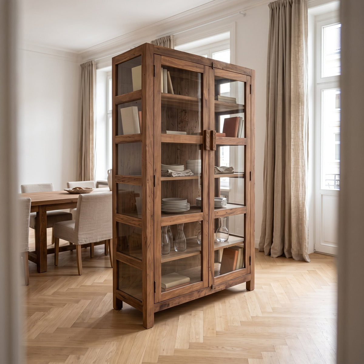 Vitrine Grainwood aus recyceltem Altholz mit 2 Glastüren, 114 x 190 cm | Interiorbild Esszimmer | STUFF Loft