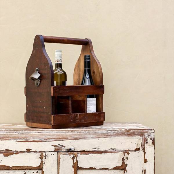 Flaschenträger aus Holz im Vintage Design mit Flaschenöffner