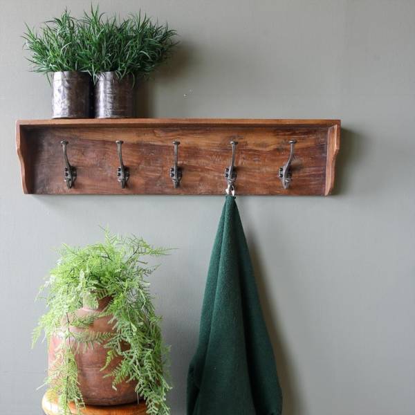 Wall coat rack made of reclaimed wood with 5 hooks - Factory Collection